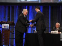 38 Awards Luncheon  "Gary Benda presenting the WM2015 ANS Best Oral Presentation/Paper, ""The Development and Initial Testing of the Ice Pig Cleaning Method for Nuclear Reprocessing Plants"" – Track 6, D&D, to Tom Scott, Sellafield Ltd. (Mr. Scott accepted the award on behalf of Alex Jenkins with Sellafield Ltd; Joe Quarini and Day McBryde, University of Bristol) "